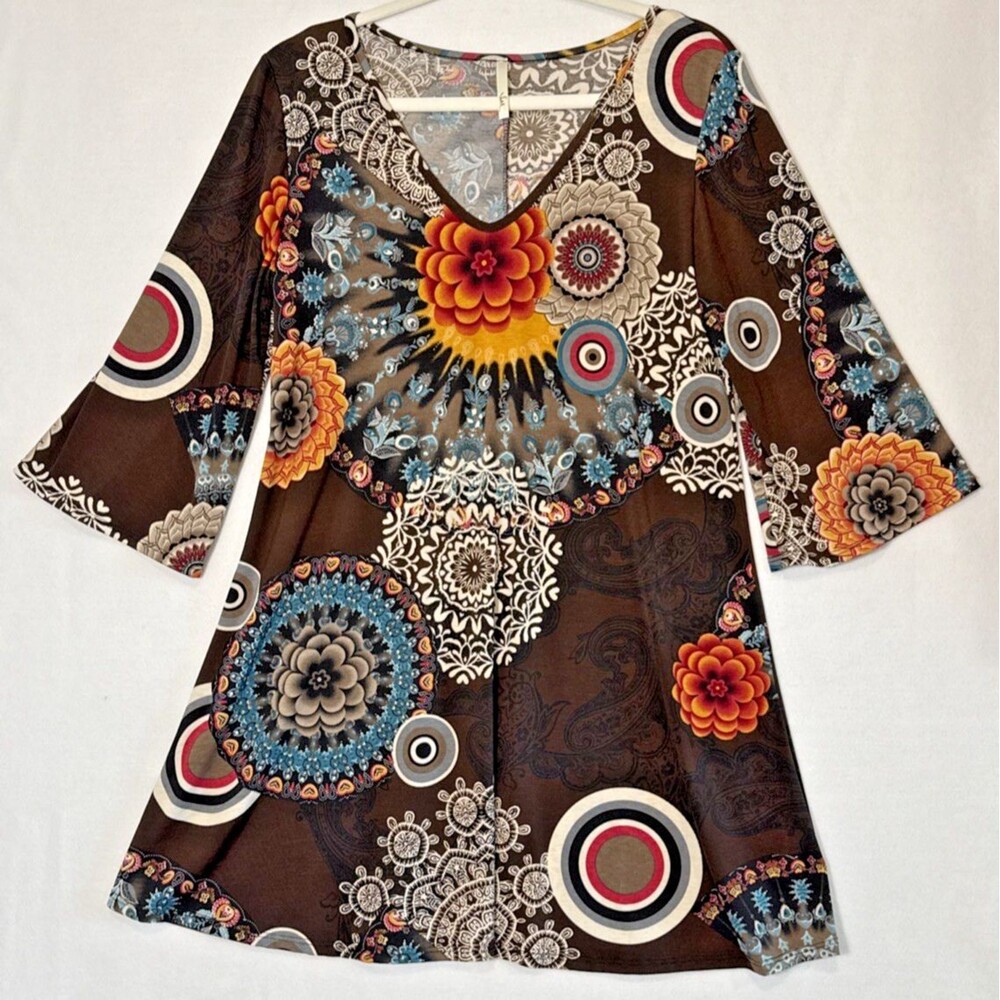 Voll Brown Geometric Multicolor Accents Dress Sz SM Boho Retro Inspired 60s 70s
